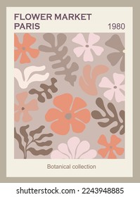 Flower Market Paris abstract poster. Trendy botanical wall art, vintage floral design in danish pastel colors. Modern naive groovy hippie interior decoration, painting. Retro 80s Vector illustration