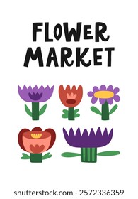Flower market poster 3x4. hand-drawn vector illustration. Trendy botanical wall art with floral design. Blossom botanical poster with flowers