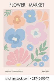 Flower market poster. Abstract floral vector illustration in danish pastel colors. Flower market print concept template perfect for postcards, wall art, banner. Retro 70s, 80s, 90s botanical design.