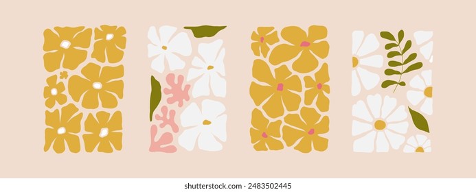 Flower Market poster abstract set. Trendy botanical wall arts with floral design in yellow, beige and white colors. Modern naive groovy hippie funky interior decorations. Vector art illustrations.