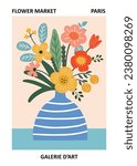 Flower market poster of beautiful abstract flower vase with leaves, floral bouquets, flower compositions in bright maximalist style. Perfect for notebook cover, posters, art-print, postcard etc. 