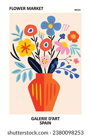Flower market poster of beautiful abstract flower vase with, leaves, floral bouquets, flower compositions. Perfect for notebook cover, posters, art-print, postcard etc. 