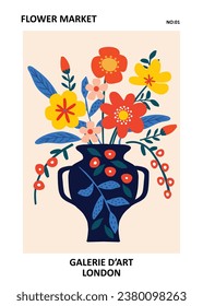 Flower market poster of beautiful abstract flower vase with leaves, floral bouquets, flower compositions in bright maximalist style. Perfect for notebook cover, posters, art-print, postcard etc. 