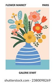 Flower market poster of beautiful abstract flower vase with leaves, floral bouquets, flower compositions in bright maximalist style. Perfect for notebook cover, posters, art-print, postcard etc. 