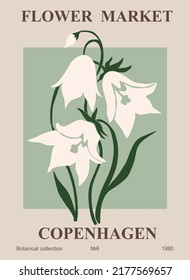 Flower market poster Copenhagen. Trendy botanical wall arts with floral design in sage green colors. Modern naive groovy funky interior decorations, paintings. Abstract Vector art illustration.