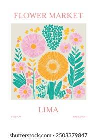 Flower Market poster. Lima, Peru. Featuring a beautiful meadow in bloom.