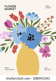 Flower market poster with meadow flowers in a vase. Printable wall art. Vector illustration.