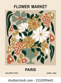 Afiche del mercado de las flores en París. Resumen de arte floral. Impresión digital contemporánea moderna para tarjetas, decoración de pared. Ilustración vectorial única dibujada a mano en estilo retro con elementos florales abstractos y jarrón.