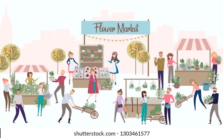 Flower market poster with people selling and shopping at walking street, cartoon flat design. Editable vector illustration