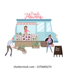 Flower market poster with people selling and shopping at walking street, cartoon flat design. Flower shop and sellers. Editable vector illustration