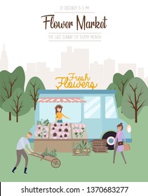 Flower market poster with people selling and shopping at walking street, cartoon flat design. Flower shop and sellers. Editable vector illustration