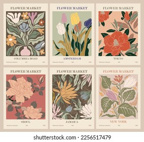 Flower Market poster  print Set 6  Trendy abstract botanical wall arts and floral design in earth tone colors  Modern naive groovy funky interior decorations  paintings  Vector art illustration 