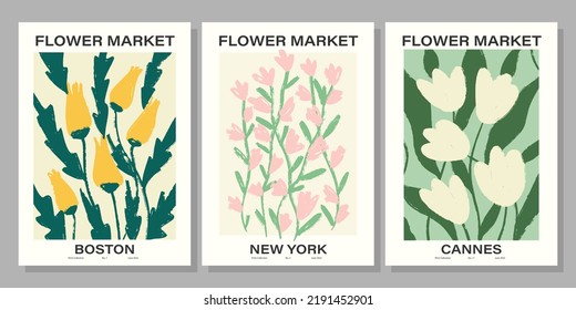 Flower market poster set. Abstract floral illustration. Botanical wall art collection, vintage poster aesthetic. Vector illustration