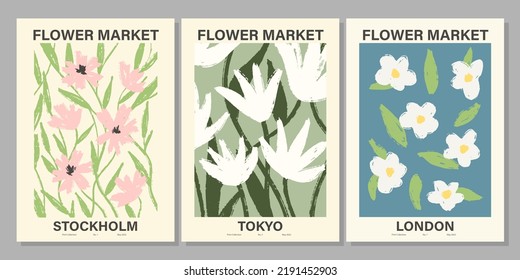 Flower market poster set. Abstract floral illustration. Botanical wall art collection, vintage poster aesthetic. Vector illustration