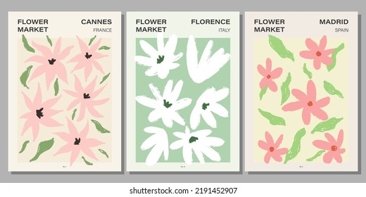 Flower market poster set. Abstract floral illustration. Botanical wall art collection, vintage poster aesthetic. Vector illustration