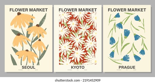 Flower market poster set. Abstract floral illustration. Botanical wall art collection, vintage poster aesthetic. Vector illustration