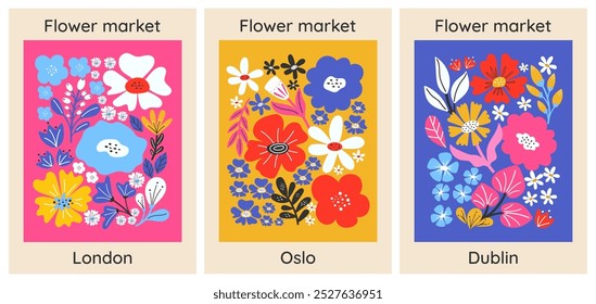 Cartaz do mercado de flores. Conjunto de pôsteres de flores abstratas. Ilustração de arte vetorial. Composição botânica, cartaz floral. Estilo abstrato com motivos naturais, flores, folhas e textura.
