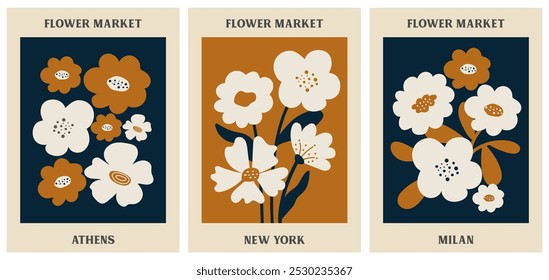 Flower Market poster. Set of abstract flower posters. Vector art illustration. Botanical composition, floral poster. Abstract style with nature motifs, flowers, leaves and texture.