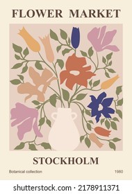 Flower market poster Stockholm. Trendy botanical wall arts with floral design in earth tone pastel colors. Modern naive groovy funky interior decorations, paintings. Abstract Vector art illustration.