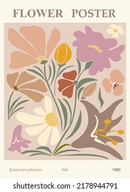 Flower market poster. Trendy botanical wall arts with floral design in earth tone danish pastel colors. Modern naive groovy funky interior decorations, paintings. Abstract Vector art illustration.