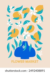 Cartel del mercado de flores en estilo moderno y elegante. Limones, flores y hojas de arte botánico. Plantas inspiradas en Matisse. Ilustración vectorial estética de papel cortado.