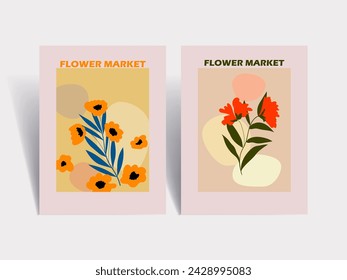 Flower market poster vector illustration hand drawn. Abstract floral art modern digital print for cards, wall decor, poster,cover, art print.