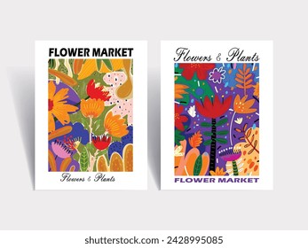 Flower market poster vector illustration hand drawn. Abstract floral art modern digital print for cards, wall decor, poster,cover, art print.