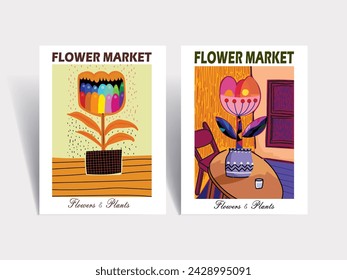 Flower market poster vector illustration hand drawn. Abstract floral art modern digital print for cards, wall decor, poster,cover, art print.