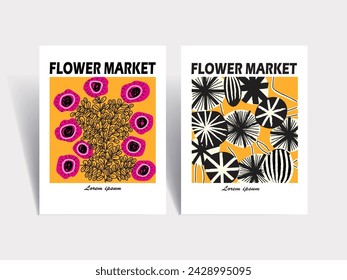 Flower market poster vector illustration hand drawn. Abstract floral art modern digital print for cards, wall decor, poster,cover, art print.