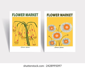 Flower market poster vector illustration hand drawn. Abstract floral art modern digital print for cards, wall decor, poster,cover, art print.