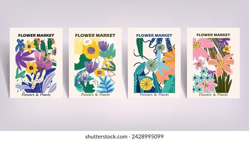 Flower market poster vector illustration hand drawn. Abstract floral art modern digital print for cards, wall decor, poster,cover, art print.