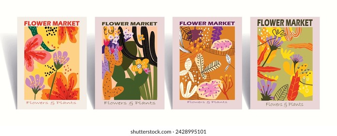 Flower market poster vector illustration hand drawn. Abstract floral art modern digital print for cards, wall decor, poster,cover, art print.