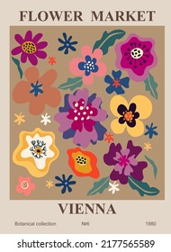 Flower market poster Vienna. Trendy botanical wall arts with floral design in earth tone colors. Modern naive groovy funky interior decorations, paintings. Abstract Vector art illustration.