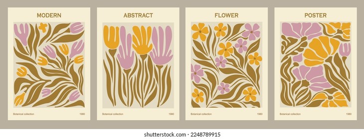 Flower Market posters abstract Set  Trendy botanical wall arts and floral design in danish pastel colors  Modern naive groovy hippie funky interior decorations  paintings  Vector art illustrations 