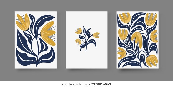 Flower Market posters abstract Set. Trendy botanical wall arts with floral design in danish pastel colors. Modern naive groovy hippie funky interior decorations, paintings. Vector art illustrations.