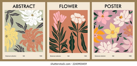 Flower Market posters set. Trendy botanical wall art, abstract floral design in earth colors. Modern naive groovy hippie vintage interior decoration, painting. Retro 70s, 80s, 90s Vector illustration.