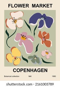 Flower market print Copenhagen. Abstract floral vector illustration. Flower market poster concept template perfect for postcards, wall art, banner etc. Retro 70s, 80s, 90s botanical design.