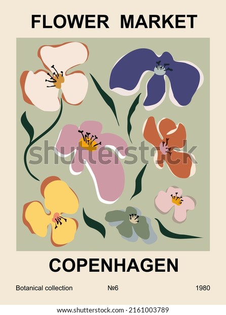 Flower market print Copenhagen. Abstract floral\
vector illustration. Flower market poster concept template perfect\
for postcards, wall art, banner etc. Retro 70s, 80s, 90s botanical\
design.