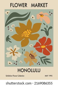 Flower market print Honolulu. Abstract floral vector illustration. Flower market poster concept template perfect for postcards, wall art, banner etc. Retro 70s, 80s, 90s botanical design.