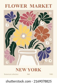 Flower Market Print New York. Abstract Floral Vector Illustration. Flower Market Poster Concept Template Perfect For Postcards, Wall Art, Banner Etc. Retro 70s, 80s, 90s Botanical Design.