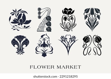 Flower market print set. Hand drawn design for wallpaper, wall decor, print, postcard, cover, template, banner.