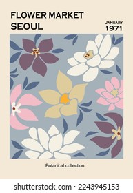 Flower Market Seoul abstract poster. Trendy botanical wall art, vintage floral design in danish pastel colors. Modern naive groovy hippie interior decoration, painting. Retro 70s Vector illustration.