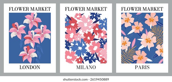 Flower market. Set of posters. Abstract groovy. Funky. Botanical. Flat. Hippie. Retro vintage floral.Cut out. Hand drawn. Doodle. Contemporary. Interior wallpaper. 1970s. Cover. Naive trendy elements