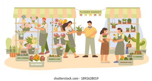 Flower market stalls with tulips roses cactuses growing and freshly cut plants arrangements flat composition vector illustration