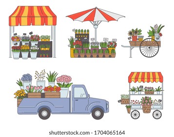 Flower market street stalls and vans set, sketch cartoon vector illustration isolated on white background. Mobile floristic kiosks and vendors trucks collection.