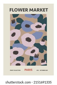 Flower Market wall art poster Paris with Poppy purple flowers in vector.