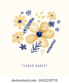 Flower Market. Watercolor Floral Vector Illustration. Hand Painted Print with Yellow and Blue Flowers and Twigs on a Beige Background. RGB. Infantile Style Floral Design Perfect for Wall Art, Card.
