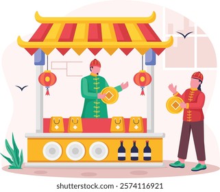 Flower Markets or Temple Fairs Stall concept, exchanging of thoughtful gifts between friends vector design, Chinese New Years Beginnings scene, Zodiac Wood Snake 2025 banner, China Spring Festival