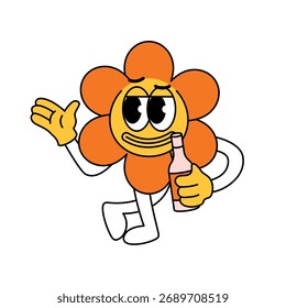 Mascota de flores con botella. Mascota de personaje de flor 