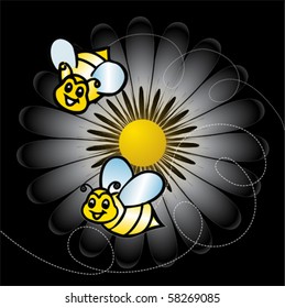 flower meadow with bees background, vector